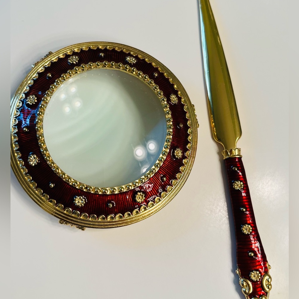Vintage Ruby Red and Gold Magnifying Glass and Letter Opener Set